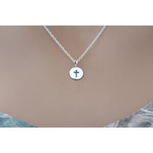 Sterling Silver Cross Charm on a Disk Necklace